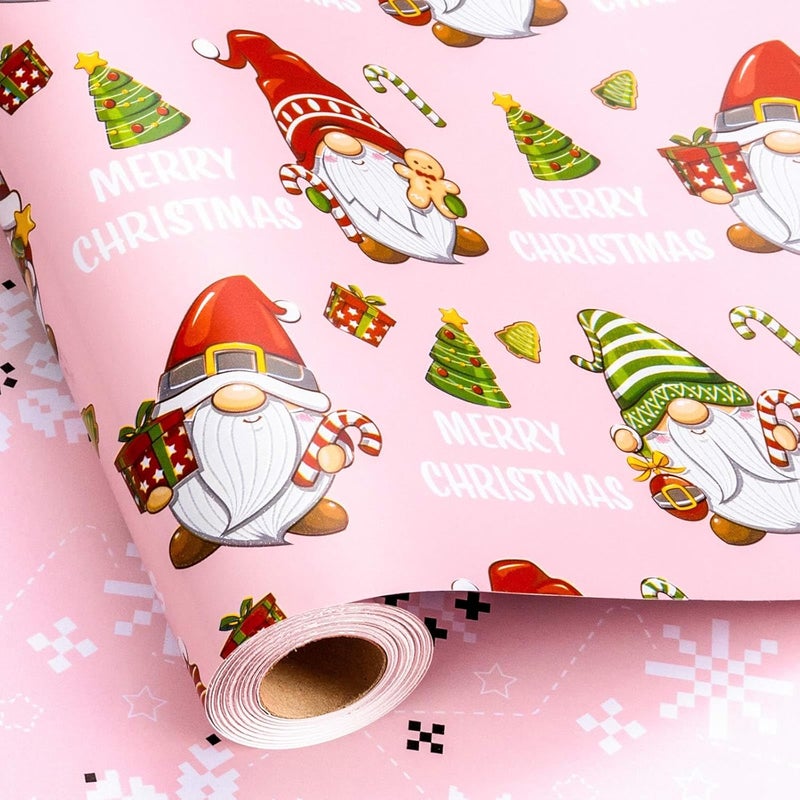 Retrify Christmas Wrapping Paper - 17 Inch x 32.8 Feet Mini Roll - Cute Red Green Gnome Snowflake Foil Girly Pink Gift Wrap Paper for Holiday Shower Party Celebration - Image 2
